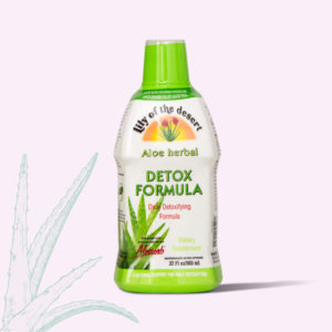 aloe herbal detox formula 32 oz product image with aloe leaf front view - Lily of the Desert