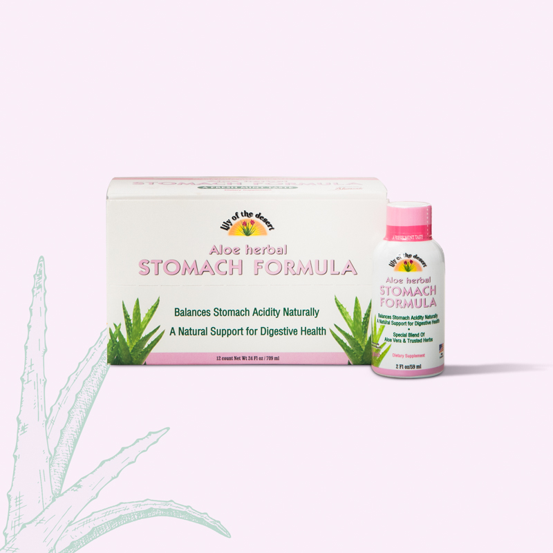 aloe stomach formula product image with aloe leaf shot 12 count - Lily of the Desert