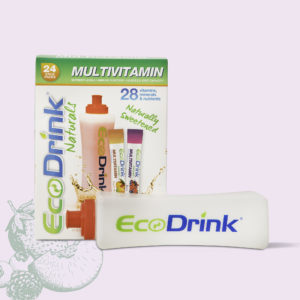 EcoDrink Naturals 24 count peach mango & berry front view with bottle - Lily of the Desert