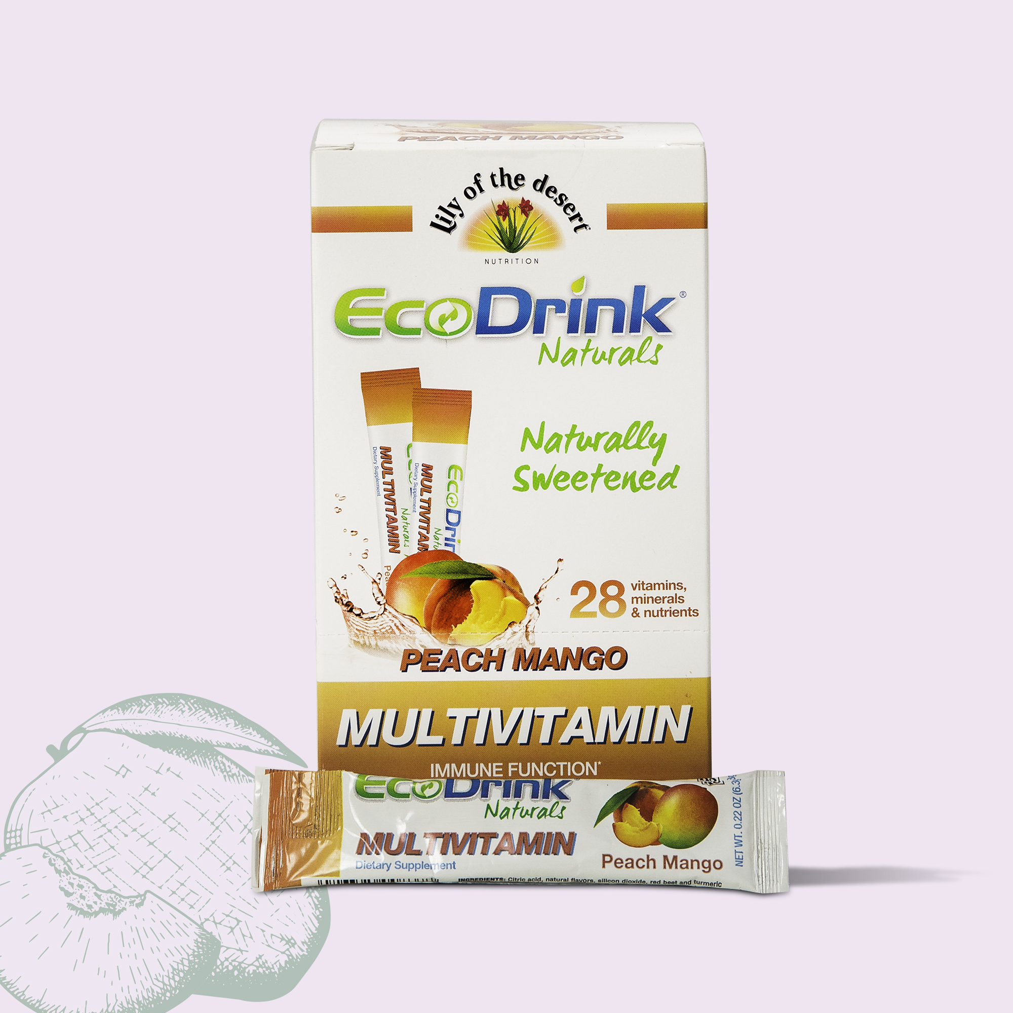 EcoDrink Naturals 24 count peach mango front view with single packet - Lily of the Desert
